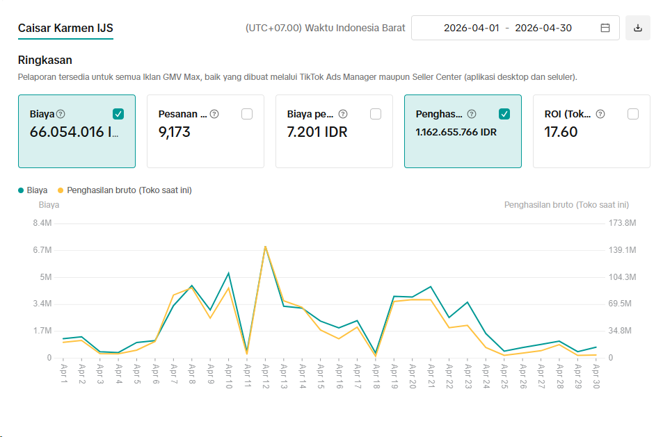 Dashboard performa iklan TikTok Ads